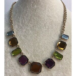 Vtg NRQ Gold Tone Multicolor & Faceted Large Rhinestone Necklace Adjusts-18-21"
